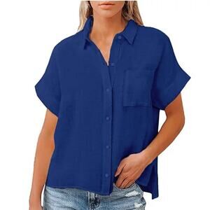 Blue linen short sleeve shirt, ladies small short sleeve relaxed fit button down